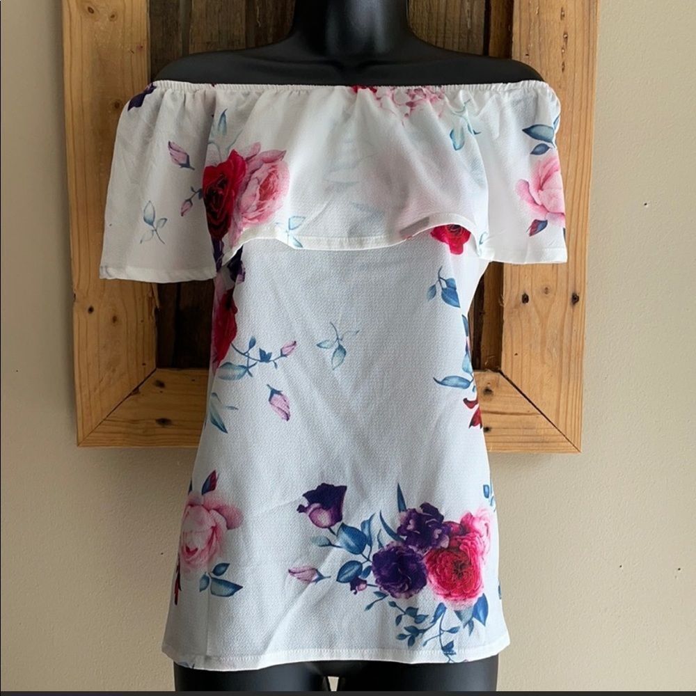 Yoins Floral Off The Shoulder Pink White Blue and Purple Floral Blouse Medium